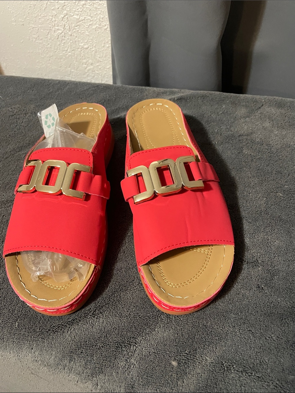 Women’s Red Slide Sandals with Gold Buckle NWOT